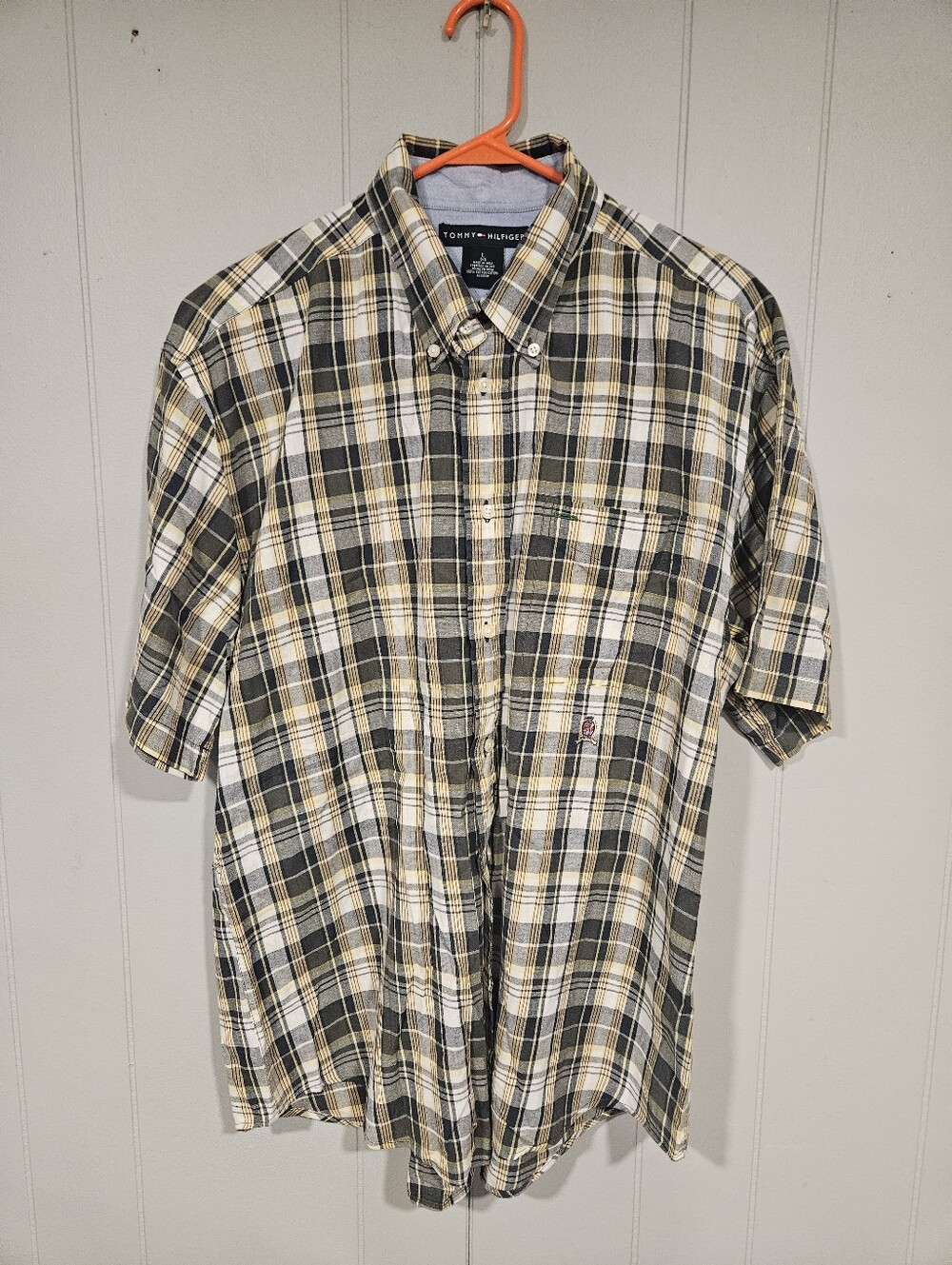 Tommy Hilfiger Cotton Shirt Mens Large Green Plaid Casual Button Up Short Sleeve